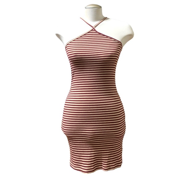 Urban Outfitters Silence+Noise Maroon Tan Ribbed Stripes Halter Bodycon Sz Small - Picture 1 of 9